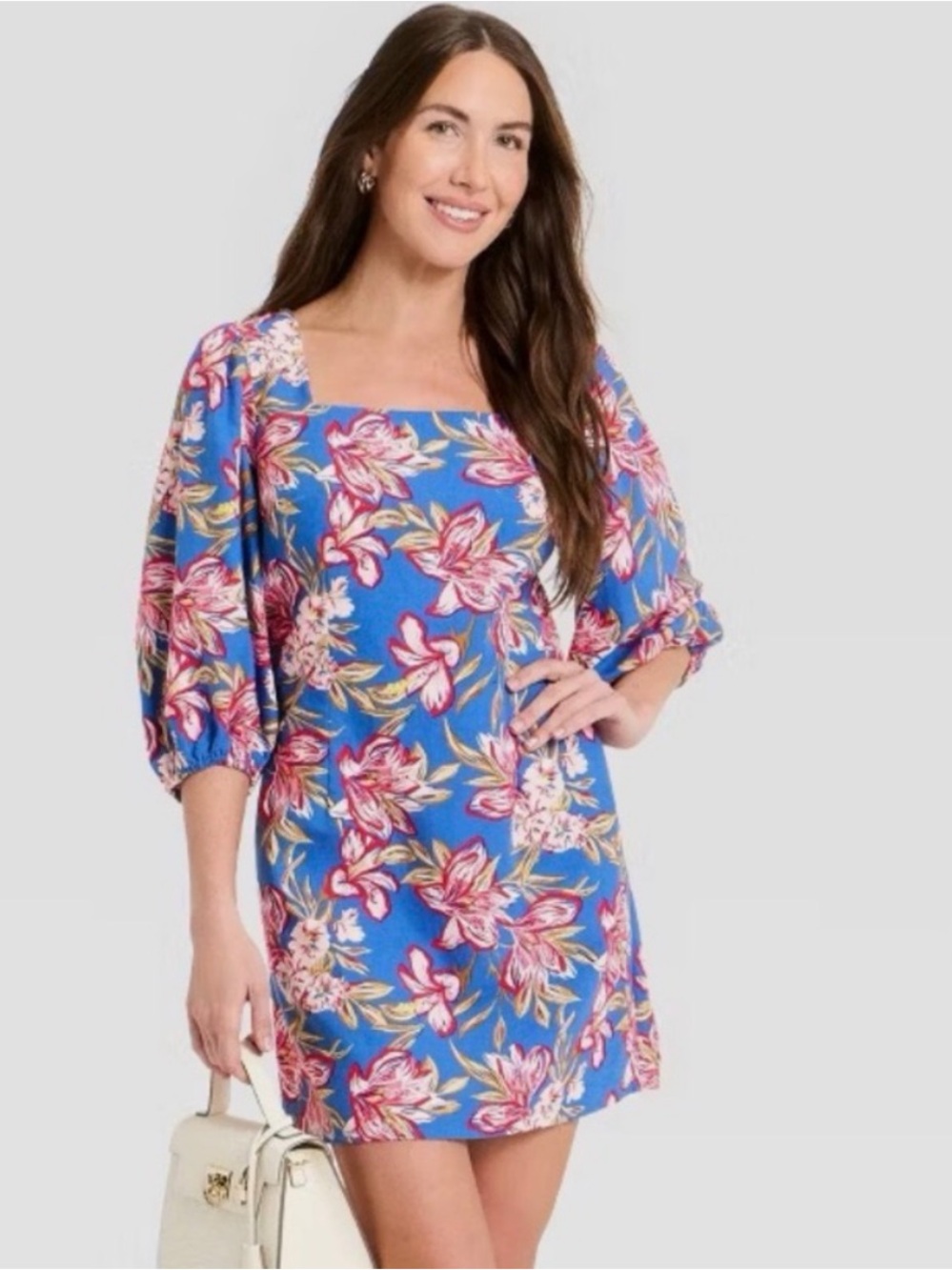 a new day NWT S Blue Floral Square-Neck Tie back linen blend Mini Dress